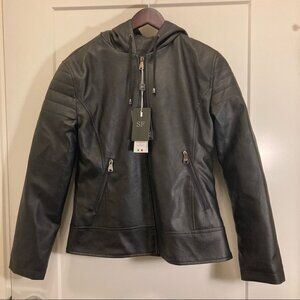 SUPERLATIVE FASHION Sz S SF Leather Moto Lined Pockets Hood Jacket  NWT